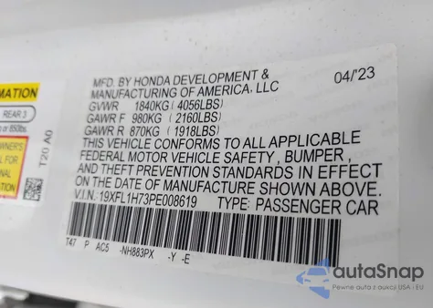 2023 Honda Civic Ex-L /Ex-L W/O Bsi from USA, damaged, VIN 19XFL1H73PE008619